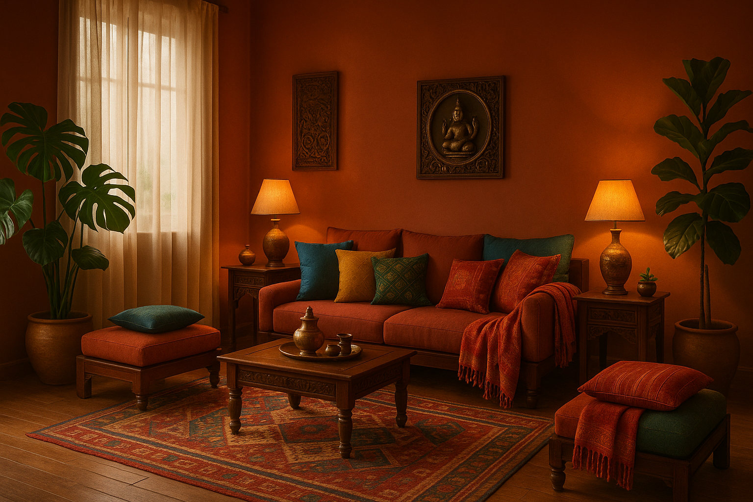 Warm, soulful living room, modern Indian decor, soft natural light, cozy and welcoming.

